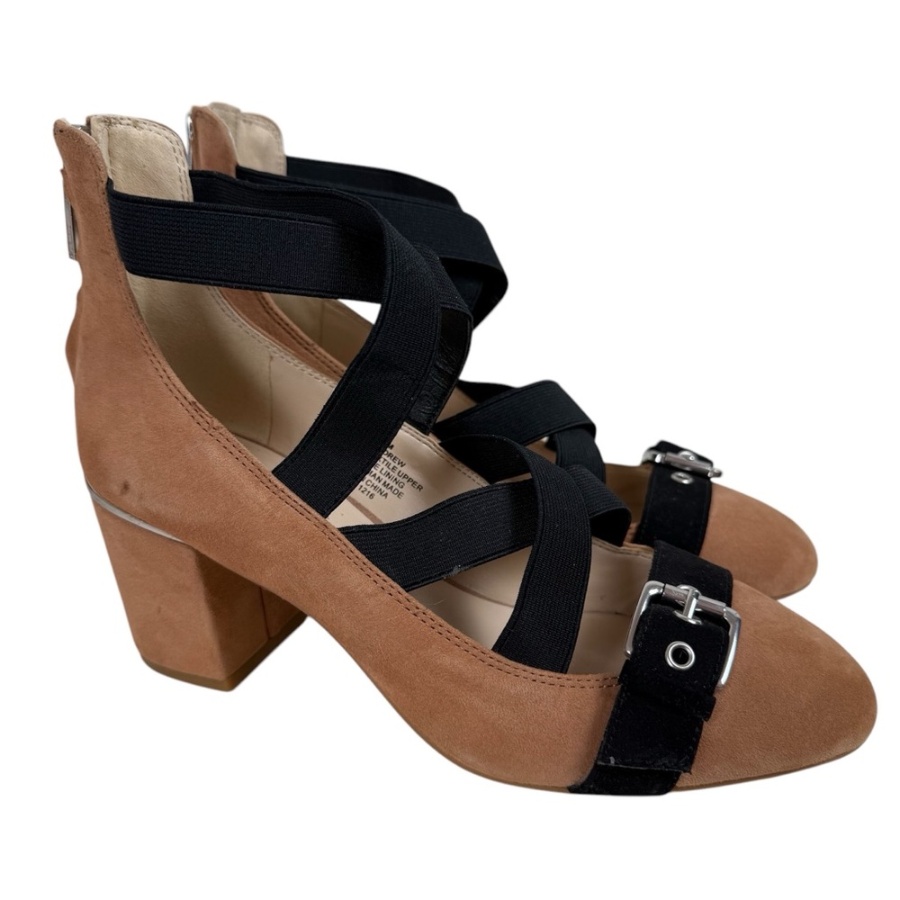 Nine West Andrew Natural Suede Court Pumps Size 7 Tan Black Criss Cross Straps‎